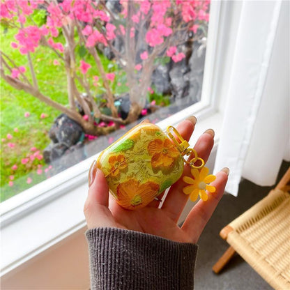 Glossy Oil Painted Floral Airpod Case with Daisy Charm Clip