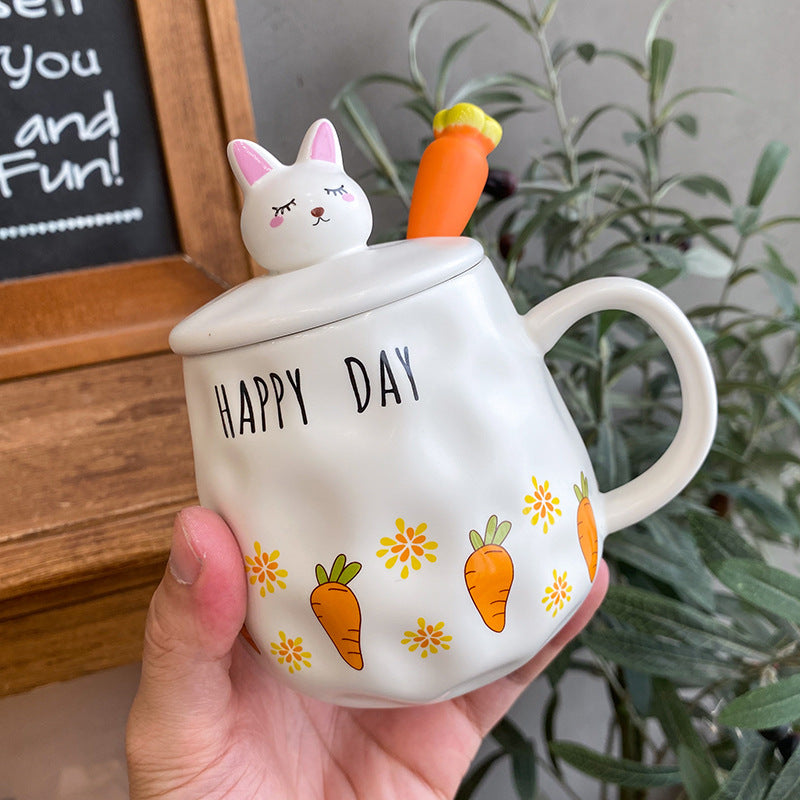 Cute Rabbit Bone China Mug with Lid – Fun Carrot Design