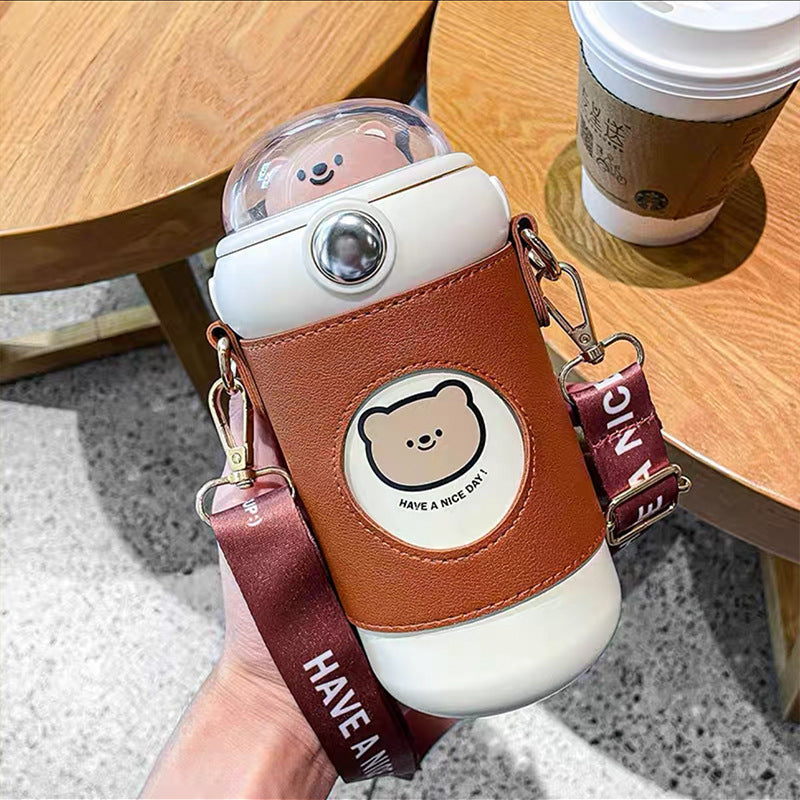 Cute Dome 3D Animal Cap Crossbody Water Bottle with Flip Top & Push Button Straw