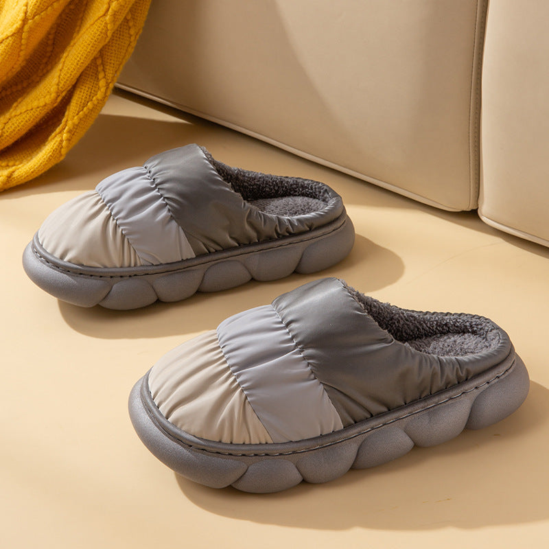 Puffy Quilted Waterproof Plush Slippers – Warm, Thick Sole, Unisex Slippers