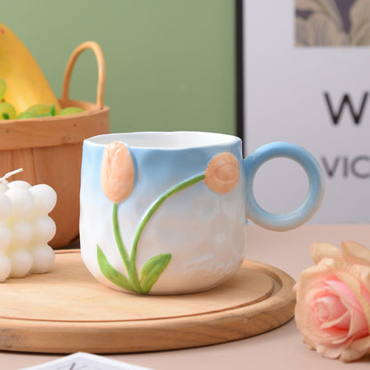 Hand-Painted Ceramic Flower Mugs with Colorful Handles