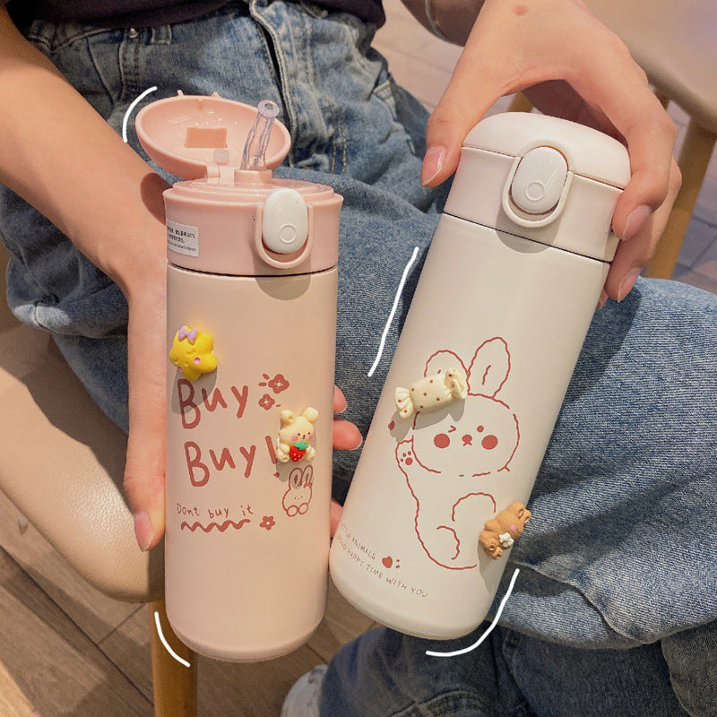 Cute Flip-Top Stainless Steel Insulated Water Bottles with Straw & 3D Cartoon Charms