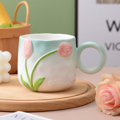 Hand-Painted Ceramic Flower Mugs with Colorful Handles