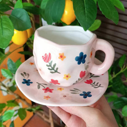 Retro Pinch Porcelain Cups with Plaid & Floral Tea Cups and Saucer Set