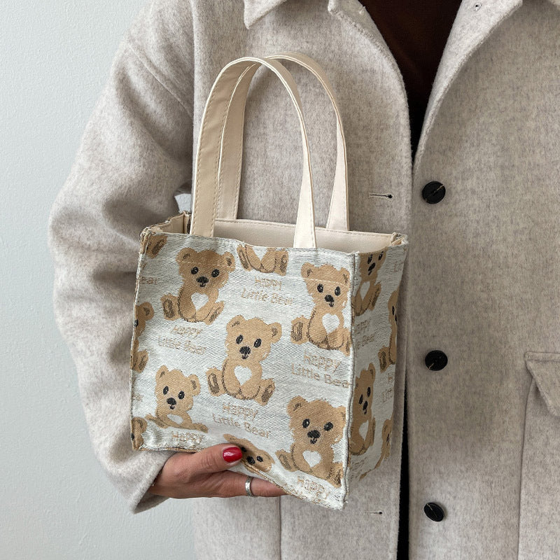 Cute Mini Canvas Tote Bag for Women with Small Teddy Bear Design