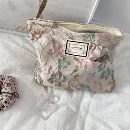 Small Square Zipper Floral Cosmetic Bag with Textured Design