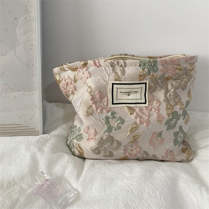 Small Square Zipper Floral Cosmetic Bag with Textured Design