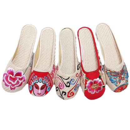 Embroidered Cotton Closed-Toe Summer Slippers for Women