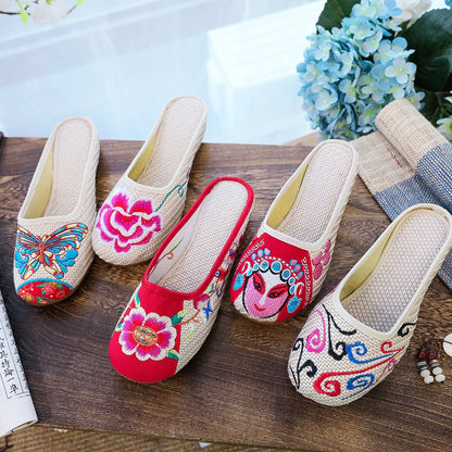 Embroidered Cotton Closed-Toe Summer Slippers for Women