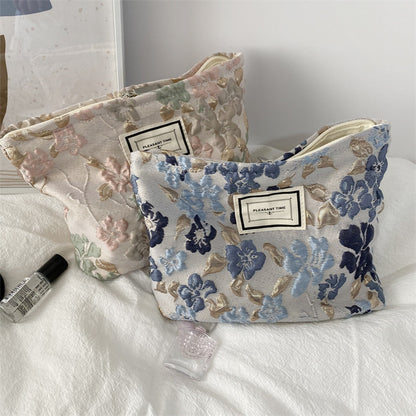 Small Square Zipper Floral Cosmetic Bag with Textured Design