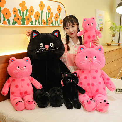 Cuddly Polka Dots Stuffed Cat Toy in Cute Pink & Black Cat Plush Toy Variant