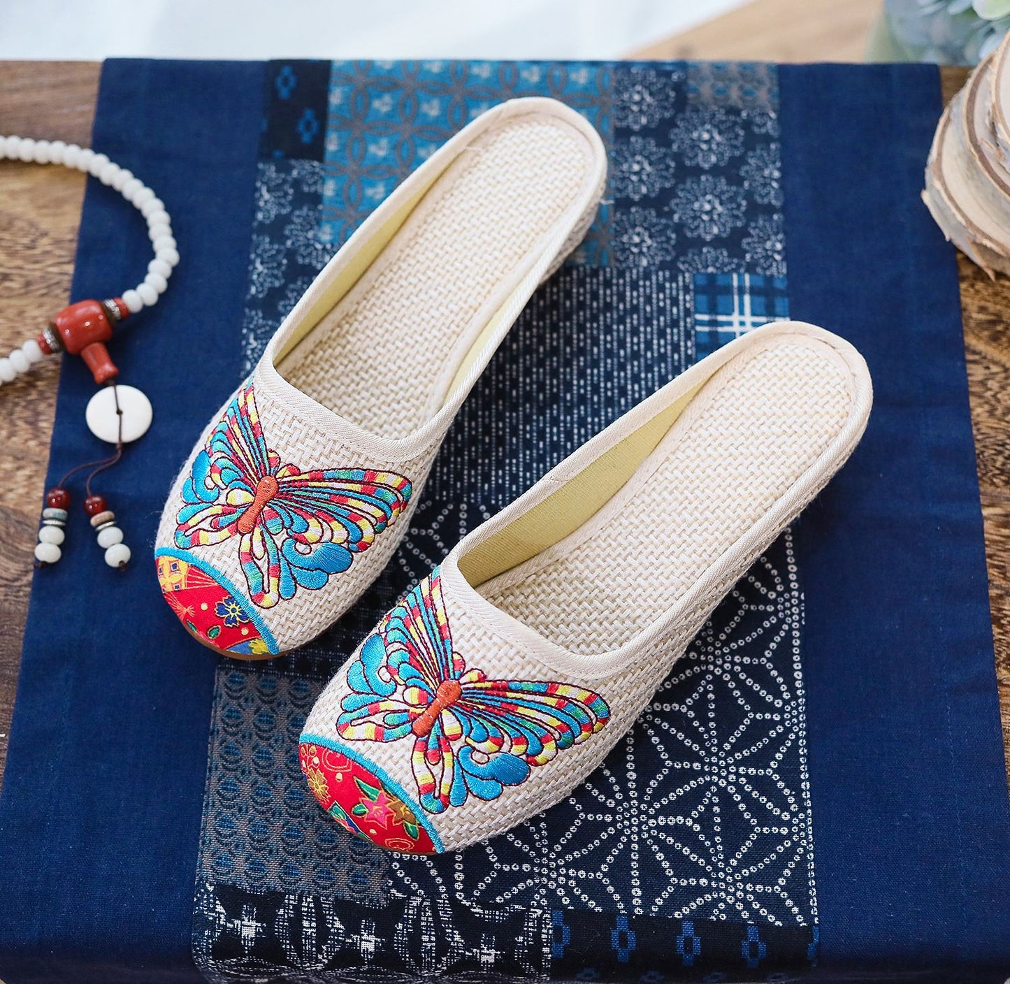 Embroidered Cotton Closed-Toe Summer Slippers for Women