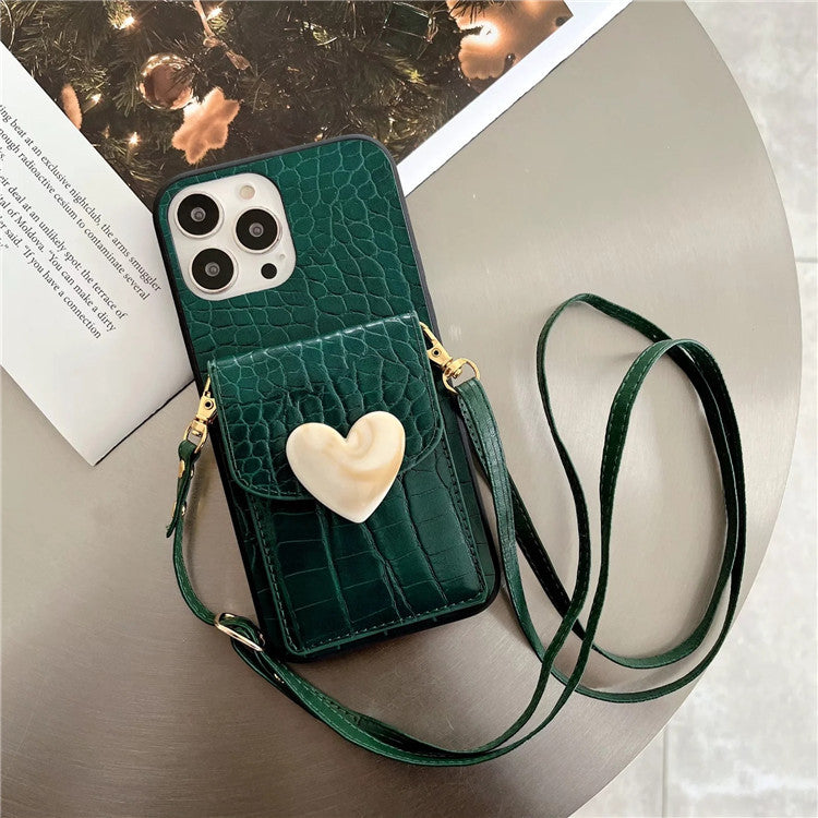 Textured Leather iPhone Crossbody Phone Case Purse with Strap &  Heart Accent