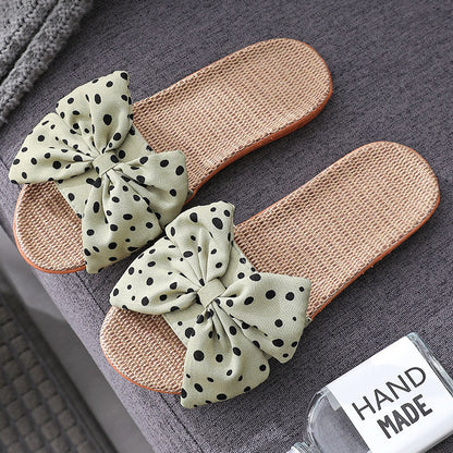 Polka Dot Bow Linen Open-Toe Non-Slip Summer Slippers for Women