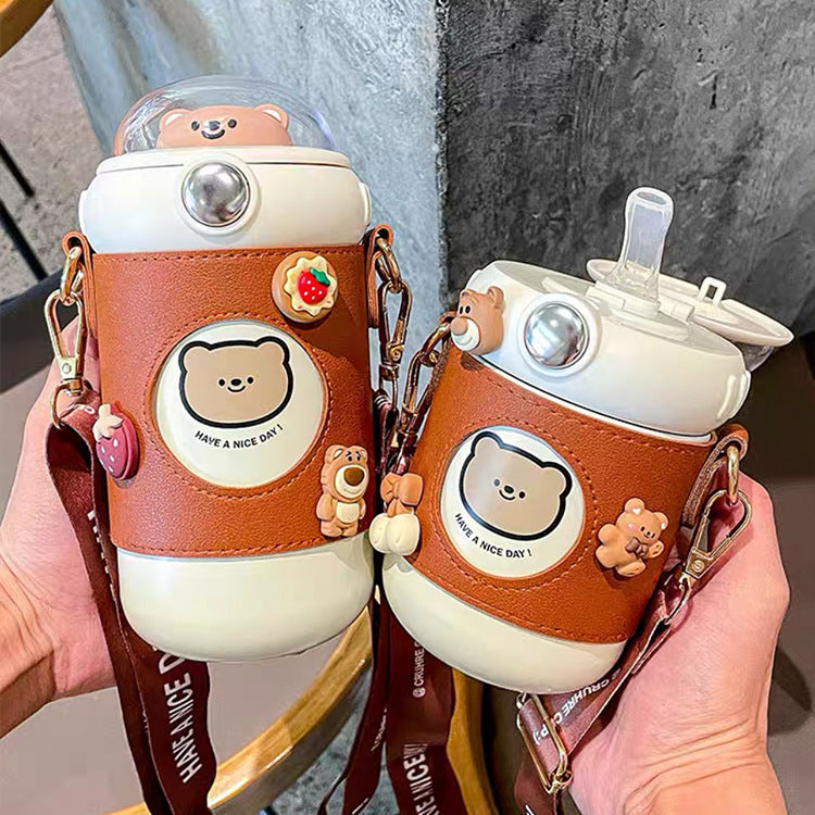 Cute Dome 3D Animal Cap Crossbody Water Bottle with Flip Top & Push Button Straw