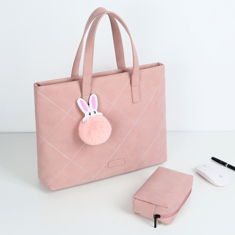 Elegant Laptop Case for Women with Handle, Charger Pouch & Bunny Fur Ball Charm