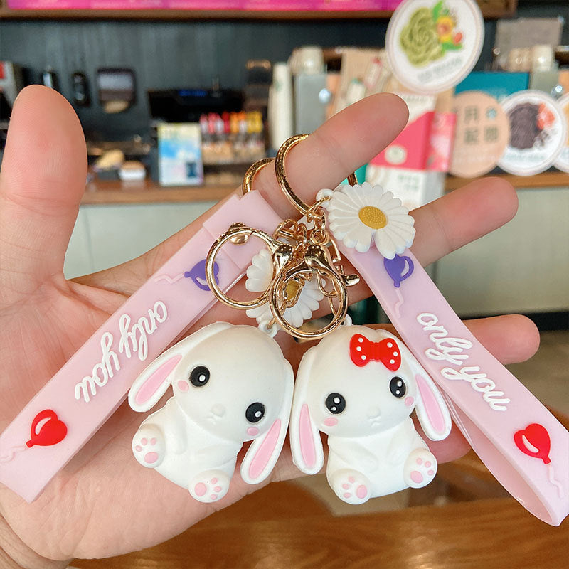 Cute Couple Bunny Keychains with Pink Straps & Daisy Charms