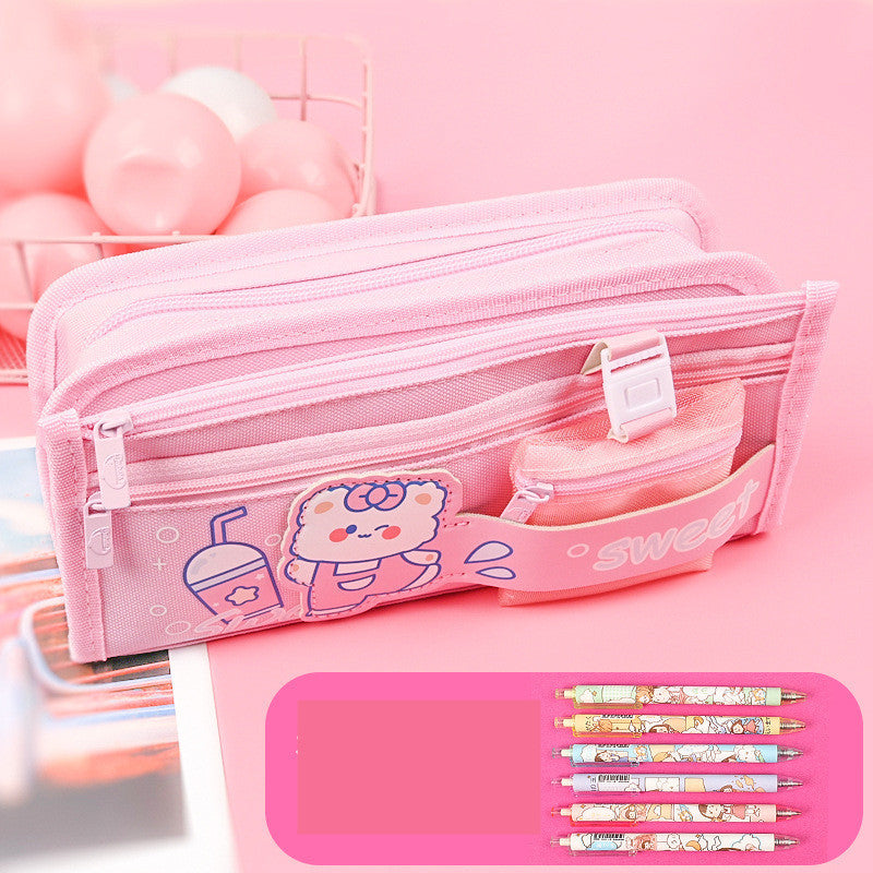 Large Capacity Cute Canvas Zipper Pencil Case for Girls