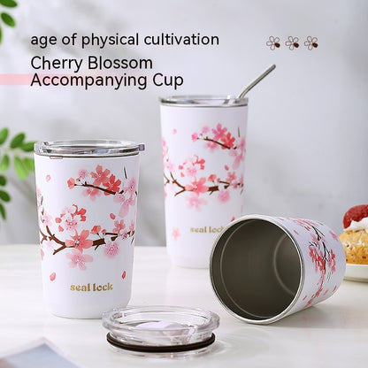 Cherry Blossom Stainless Steel Tea & Coffee Tumbler – Portable Cup