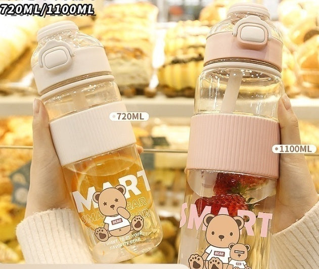 Cute & Transparent Bear Large Water Bottle with Straw & Flip Top – 1100ML