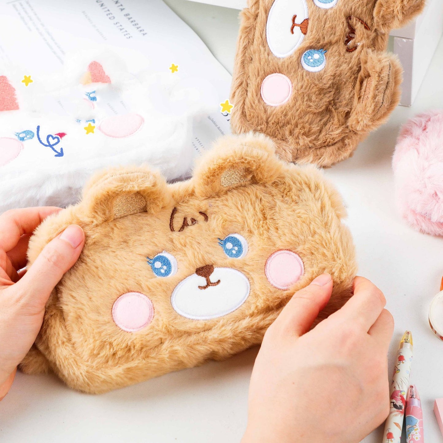 Japanese Soft Plush Bear & Rabbit Zipper Pencil Case with Cute Embroidery Design