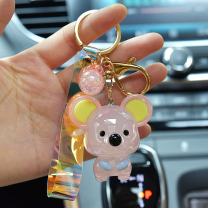 Glossy Pink Koala Keychain with Holographic Strap & Glitter Charm