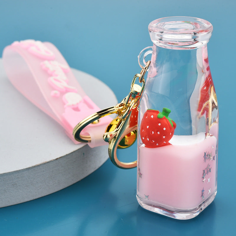Cute Bottle Keychains with Fruit Charms, Colorful Liquid & Bells