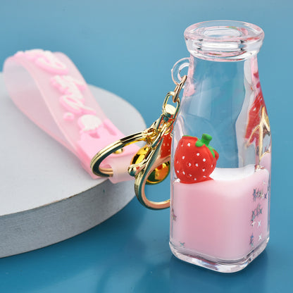 Cute Bottle Keychains with Fruit Charms, Colorful Liquid & Bells