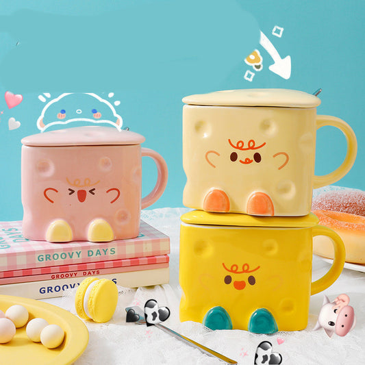 Cute Cheese-Shaped Ceramic Mugs with Lid