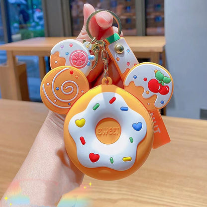 Cute Silicone Donut Coin Purse Keychain with Zipper & Earphone Case