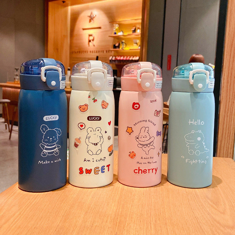 Cute Animal Designs Stainless Steel Insulated Water Bottle with Straw & Sticker