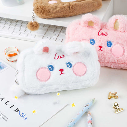 Japanese Soft Plush Bear & Rabbit Zipper Pencil Case with Cute Embroidery Design