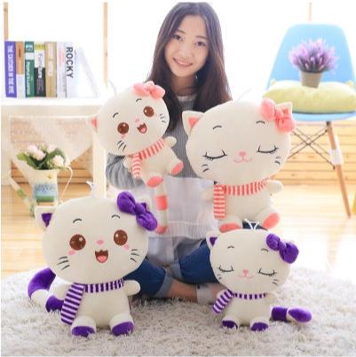 Cute Large Cat Plush Toy Set with Pink-Purple Scarf & Bow