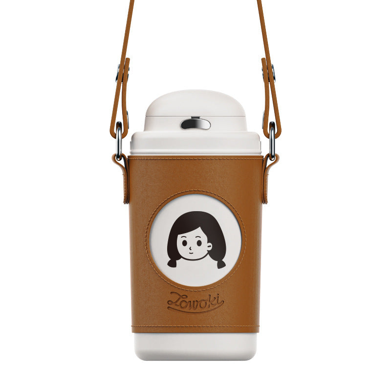 Chic Flip Top Insulated Thermos Water Bottle with Cartoon Design & Leather Strap