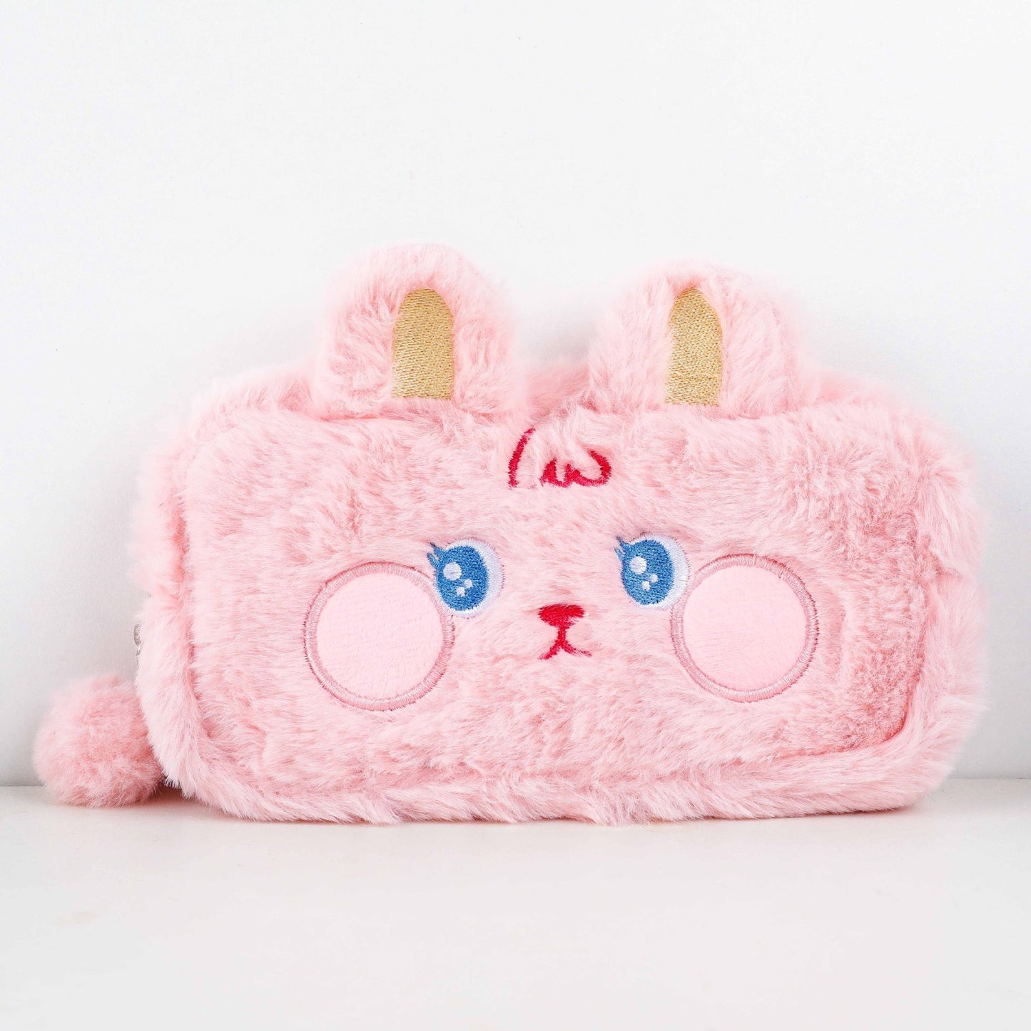 Japanese Soft Plush Bear & Rabbit Zipper Pencil Case with Cute Embroidery Design