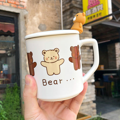 Adorable Bear Ceramic Coffee Mugs with Lid and Spoon