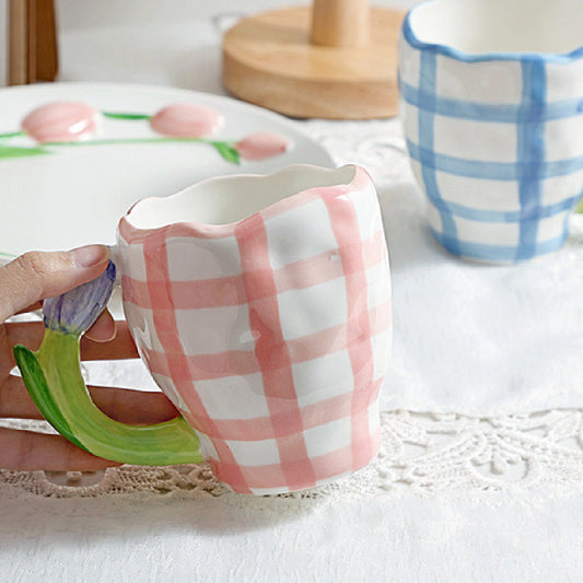 Blue & Pink Checkered Tulip Handle Porcelain Mug