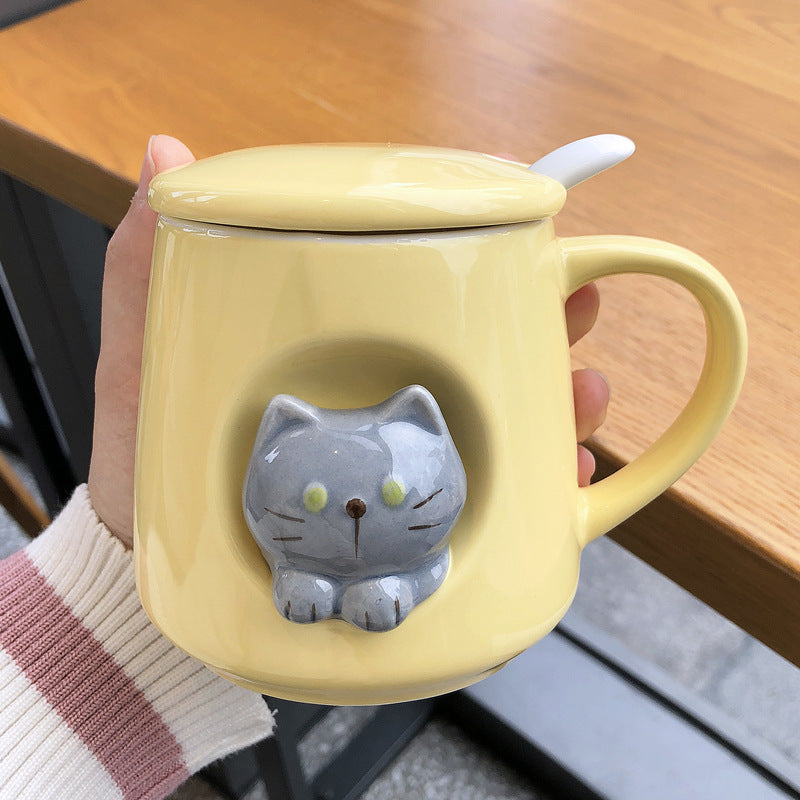 Cat-Themed Ceramic Coffee Mugs with Lid, Spoon and Straw