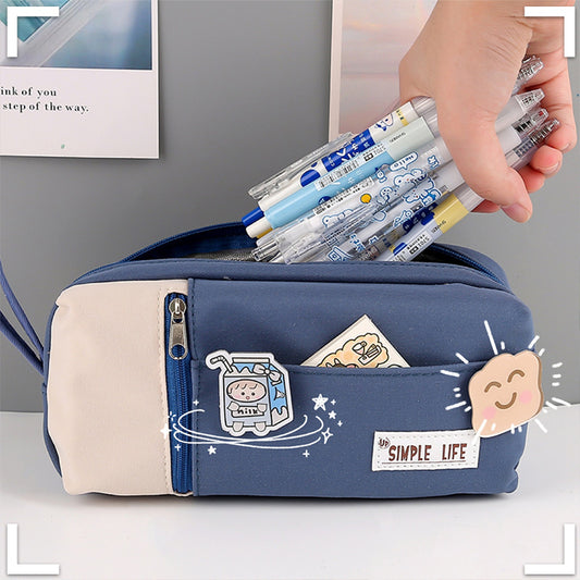 Large Capacity Canvas Zipper Pencil Case with Cute Character Patches