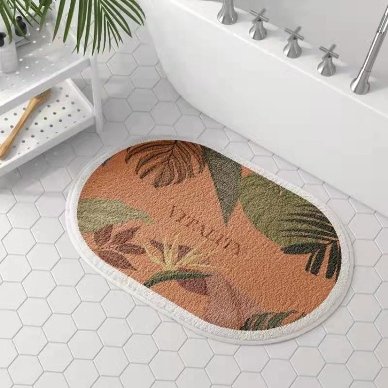 Elegant Oval Floral Bathroom Mat - Absorbent, Non-Slip & Washable