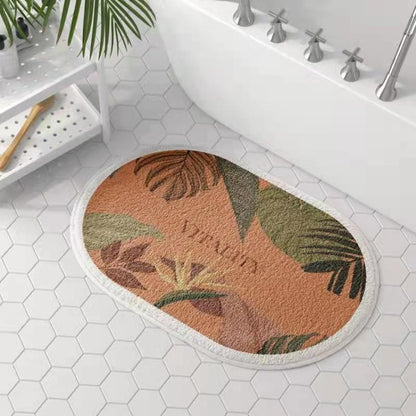 Elegant Oval Floral Bathroom Mat - Absorbent, Non-Slip & Washable