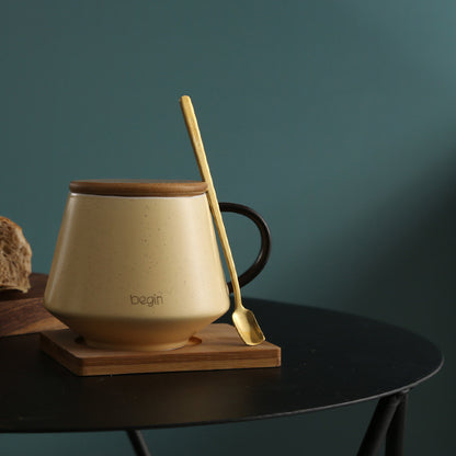 Matte Finish Minimalist Office Ceramic Mug with Wooden Lid & Spoon