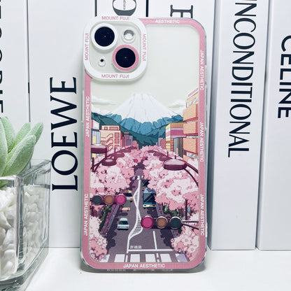 Japanese Aesthetic Transparent Shockproof Phone Case – City & Mount Fuji Design