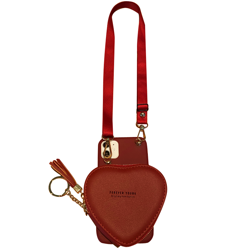 Red Rubber Design Heart Phone Case Purse with Crossbody Strap