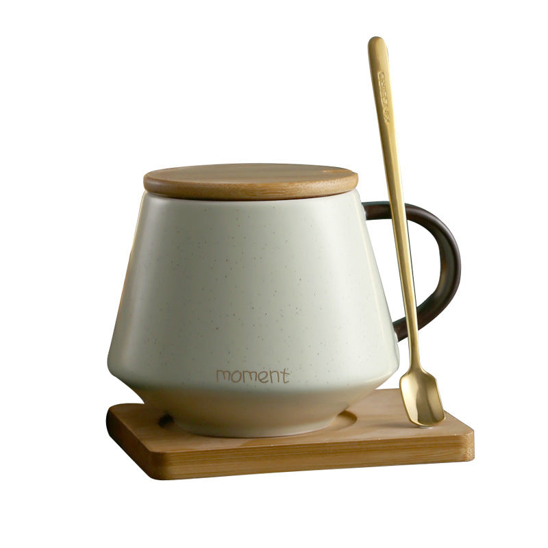 Matte Finish Minimalist Office Ceramic Mug with Wooden Lid & Spoon