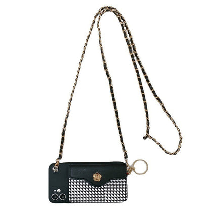 Houndstooth Phone Case with Card Holder & Chain Strap – Floral Accent