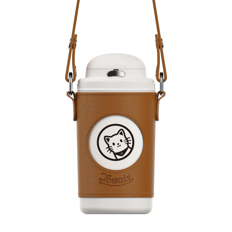 Chic Flip Top Insulated Thermos Water Bottle with Cartoon Design & Leather Strap