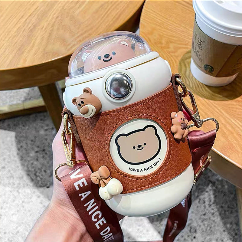 Cute Dome 3D Animal Cap Crossbody Water Bottle with Flip Top & Push Button Straw