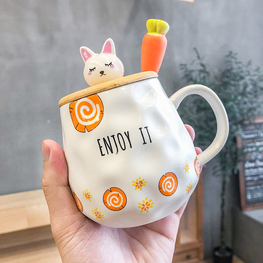 Cute Rabbit Bone China Mug with Lid – Fun Carrot Design