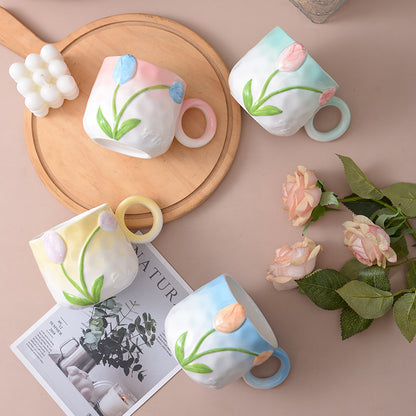 Hand-Painted Ceramic Flower Mugs with Colorful Handles